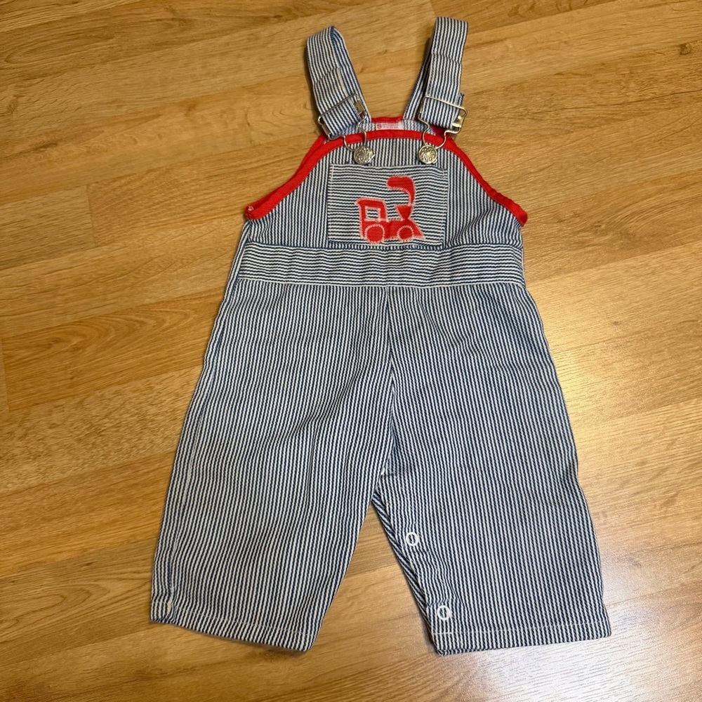 Sears Vintage Baby Infant Overalls Bundle, Train Pinstripe And Blue Size Small - Picture 2 of 11